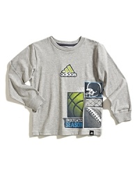 A longsleeve tee is updated with sporty prints and undefeated season print for your little winner. A longsleeve tee is updated with sporty prints and undefeated season print for your little winner.