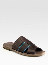 Comfortable, stylish summer sandal accented with a vibrant pop of color, finished in smooth Italian calfskin leather.Leather and fabric upperLeather liningLeather soleMade in Italy Comfortable, stylish summer sandal accented with a vibrant pop of color, finished in smooth Italian calfskin leather.Leather and fabric upperLeather liningLeather soleMade in Italy
