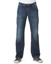 Medium, clean blue wash with a slightly worn look. Five pocket straight leg jeans with button fly. 11.75 oz denim with signature stitching on back patch pockets.