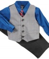 For a night out on the town, suit him up in this 4 piece vest, shirt, tie, and pant set by Nautica.