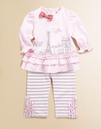 Oh la la! This Parisian-themed set has tiers of ruffles, stripes and a contrasting bow to add an extra special touch to this plush cotton set. Top CrewneckLong sleeves with elastic cuffsBack buttonsRuffled hem Pants Elastic waistbandCottonMachine washImported