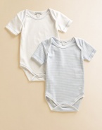 Comfy baby basics in soft cotton knit, offering one striped and one solid design.Envelope shoulders for easy on and off Short sleeves Snap bottom Cotton; machine wash Imported