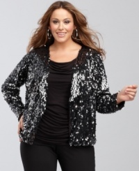 You'll shine like the star you are in INC's sparkling pailette-covered plus size jacket. Wear it like a cardigan and layer it with a lacy tank or silky shell! You'll shine like the star you are in INC's sparkling pailette-covered plus size jacket. Wear it like a cardigan and layer it with a lacy tank or silky shell!