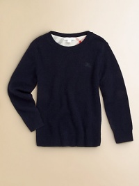 A classic pullover in luxurious cashmere, refreshed with elbow patches and inside trim in woven Burberry checks.Ribbed crewneckLong sleeves with ribbed cuffsEmbroidered chest logoRibbed hemCheck elbow patchesCashmereDry cleanImported A classic pullover in luxurious cashmere, refreshed with elbow patches and inside trim in woven Burberry checks.Ribbed crewneckLong sleeves with ribbed cuffsEmbroidered chest logoRibbed hemCheck elbow patchesCashmereDry cleanImported