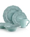 Handcrafted in the Italian tradition, the Merletto place setting is intricately embellished with a lacy floral texture and painted a serene aqua hue. An elegant companion to Arte Italica dinnerware.