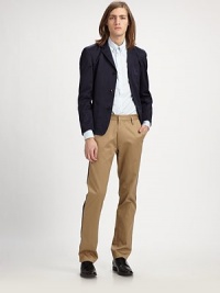 Clean, crisp chino style never looked so good; pair this classic shape trouser with any of your wardrobe basics for instant style boost.Flat-front styleSide slash, back welt pocketsInseam, about 32CottonDry cleanImported Clean, crisp chino style never looked so good; pair this classic shape trouser with any of your wardrobe basics for instant style boost.Flat-front styleSide slash, back welt pocketsInseam, about 32CottonDry cleanImported