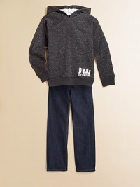 Everyone's favorite wardrobe staple in plush fleece with logo design and side pockets for cozy, cool style.Attached hoodLong sleevesPullover styleFront slash pocketsRibbed cuffs and hem60% cotton/40% polyesterMachine washImported Everyone's favorite wardrobe staple in plush fleece with logo design and side pockets for cozy, cool style.Attached hoodLong sleevesPullover styleFront slash pocketsRibbed cuffs and hem60% cotton/40% polyesterMachine washImported