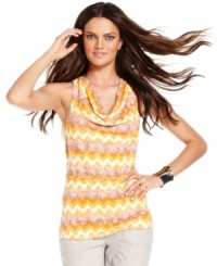 A classic cowlneck top from INC hides a surprise: a sexy cutout in the back! Zigzag-burnout printed fabric gives it pop! A classic cowlneck top from INC hides a surprise: a sexy cutout in the back! Zigzag-burnout printed fabric gives it pop!