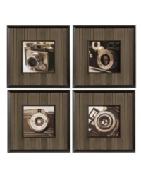 Love the camera. This set of black and white prints puts the focus on the camera itself, framing four vintage styles with striped mats and simple black frames. Hang all together, in pairs or spread throughout your home.