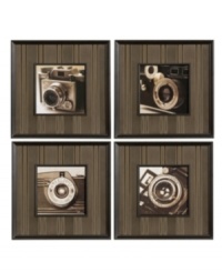 Love the camera. This set of black and white prints puts the focus on the camera itself, framing four vintage styles with striped mats and simple black frames. Hang all together, in pairs or spread throughout your home. Love the camera. This set of black and white prints puts the focus on the camera itself, framing four vintage styles with striped mats and simple black frames. Hang all together, in pairs or spread throughout your home.