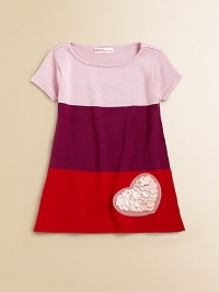 Designed in a mod colorblocked style, this charming knit A-line frock is embellished with a pretty heart apppliqué.BoatneckShort sleevesPullover styleRayon/CottonHand washImported Designed in a mod colorblocked style, this charming knit A-line frock is embellished with a pretty heart apppliqué.BoatneckShort sleevesPullover styleRayon/CottonHand washImported