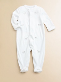 An adorable long-sleeved footed coverall crafted in soft cotton jersey is accented with schiffli embroidery.CrewneckLong sleevesSnap-frontBottom snapsFooted hemCottonMachine washImported Please note: Number of buttons/snaps may vary depending on size ordered. An adorable long-sleeved footed coverall crafted in soft cotton jersey is accented with schiffli embroidery.CrewneckLong sleevesSnap-frontBottom snapsFooted hemCottonMachine washImported Please note: Number of buttons/snaps may vary depending on size ordered.
