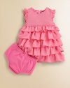 Sparkling sequins and a tiered ruffled skirt lend eye-catching style to this precious dress and bloomers set.Round necklineFlutter sleevesBack zipperTiered ruffled skirtPolyesterHand washImported Please note: Number of buttons may vary depending on size ordered. 