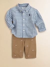 A timeless, preppy set pairs a classic plaid button-down shirt with an embroidered chino pant for a timeless heritage look. Shirt Button-down collarLong sleeves with barrel cuffsButton-frontSplit back yokeShirttail hem Pants Front button closureRear elasticized waistband with belt loopsZip flyAngled hand pocketsBack welt pocketCottonMachine washImported Please note: Number of buttons may vary depending on size ordered. A timeless, preppy set pairs a classic plaid button-down shirt with an embroidered chino pant for a timeless heritage look. Shirt Button-down collarLong sleeves with barrel cuffsButton-frontSplit back yokeShirttail hem Pants Front button closureRear elasticized waistband with belt loopsZip flyAngled hand pocketsBack welt pocketCottonMachine washImported Please note: Number of buttons may vary depending on size ordered.