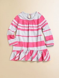 Spirited stripes on soft knit, simply styled with a straight shape and a feminine wide ruffle at the hem.Scoop neckline with center gathersLong sleevesStraight shapeKeyhole button back closeRuffled hem50% cotton/50% micro modalMachine washImported Spirited stripes on soft knit, simply styled with a straight shape and a feminine wide ruffle at the hem.Scoop neckline with center gathersLong sleevesStraight shapeKeyhole button back closeRuffled hem50% cotton/50% micro modalMachine washImported