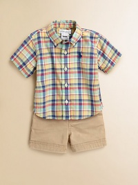 With a plaid short-sleeved woven cotton shirt and a drawstring twill chino short, this warm-weather set embodies classic prep style. Shirt Button-down collarShort sleevesButton-frontShirttail hem Shorts Faux drawstring closureElastic waistSewn flySide inseam pocketsBack patch pocketsCottonMachine washImported Please note: number of buttons may vary depending on size ordered. With a plaid short-sleeved woven cotton shirt and a drawstring twill chino short, this warm-weather set embodies classic prep style. Shirt Button-down collarShort sleevesButton-frontShirttail hem Shorts Faux drawstring closureElastic waistSewn flySide inseam pocketsBack patch pocketsCottonMachine washImported Please note: number of buttons may vary depending on size ordered.