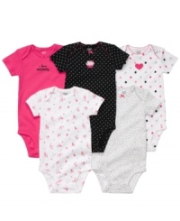 Suit her mood. Any of these fun prints and graphics in this Carter's bodysuit 5-pack will match her bubbly personality. Suit her mood. Any of these fun prints and graphics in this Carter's bodysuit 5-pack will match her bubbly personality.