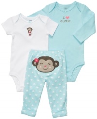 She'll love monkeying around in any piece from this bodysuits and pant set from Carter's. She'll love monkeying around in any piece from this bodysuits and pant set from Carter's.