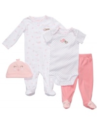 Keep her cute and cozy no matter where she's nesting in this darling bird-themed 4-piece bodysuit, pant, coverall and hat set from Carter's. Keep her cute and cozy no matter where she's nesting in this darling bird-themed 4-piece bodysuit, pant, coverall and hat set from Carter's.