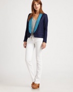 Elegantly tailored in a cropped single-button design that boasts a shapely satin shawl collar.Deep V necklineFlange sleevesChest welt pocketFlap hip pocketsDouble back ventAbout 23 from shoulder to hemBody: viscose; collar: 95% polyester/5% spandexDry cleanImported of Italian fabricModel shown is 5'8½ (174cm) wearing US size 4.