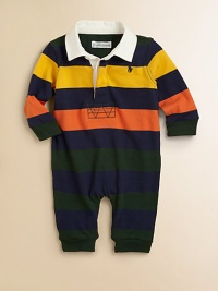 Bold-hued stripes accent a playful rugby-inspired coverall, complete with signature pony embroidery.Rugby collarLong sleevesFront buttonsBottom snapsCottonMachine washImported Please note: Number of buttons/snaps may vary depending on size ordered. Bold-hued stripes accent a playful rugby-inspired coverall, complete with signature pony embroidery.Rugby collarLong sleevesFront buttonsBottom snapsCottonMachine washImported Please note: Number of buttons/snaps may vary depending on size ordered.