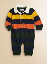 Bold-hued stripes accent a playful rugby-inspired coverall, complete with signature pony embroidery.Rugby collarLong sleevesFront buttonsBottom snapsCottonMachine washImported Please note: Number of buttons/snaps may vary depending on size ordered. 