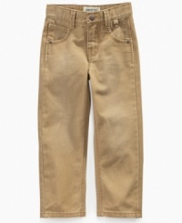 Jeans styling in a goes-with-everything neutral shade of denim plus the internal adjustable elastic waistband that moms love: Freestyle's Little Boys Griffin twill pants. Jeans styling in a goes-with-everything neutral shade of denim plus the internal adjustable elastic waistband that moms love: Freestyle's Little Boys Griffin twill pants.