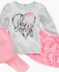 This adorable skirt with an overflow of ruffles will be her favorite to wear. This versatile set by DKNY includes leggings and a graphic long sleeve t-shirt. This adorable skirt with an overflow of ruffles will be her favorite to wear. This versatile set by DKNY includes leggings and a graphic long sleeve t-shirt.
