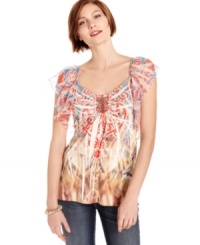 Style&co.'s top features a ton of captivating details, from the crisscrossing straps at the back neck to studding and subliminated mixed prints. Wear with jeans for effortless style! Style&co.'s top features a ton of captivating details, from the crisscrossing straps at the back neck to studding and subliminated mixed prints. Wear with jeans for effortless style!