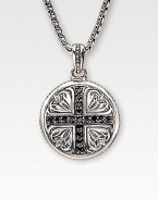 A sterling silver medallion is detailed with deep-relief Sparta engraving and a diamond-cut black sapphire cross. 1.36 tcw Medallion, about 1 dia Endless chain, 26 long Made in USA