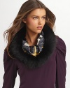 This silky printed style features five rings of dyed luxurious fox fur. Silk Dry clean Made in Italy Fur origin: Finland