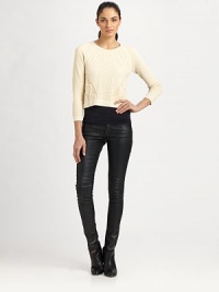Tastefully textured cable-knit construction defines this feminine, three-quarter sleeve sweater. CrewneckThree-quarter sleevesFully lined75% rayon/25% polyesterDry cleanImportedModel shown is 5'10 (177cm) wearing US size 4. Tastefully textured cable-knit construction defines this feminine, three-quarter sleeve sweater. CrewneckThree-quarter sleevesFully lined75% rayon/25% polyesterDry cleanImportedModel shown is 5'10 (177cm) wearing US size 4.
