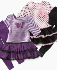 Do a little dance. She'll be comfy and cute in this tutu dress and leggings set from Flapdoodles, with fun floaty ruffles that are perfect for playtime. Do a little dance. She'll be comfy and cute in this tutu dress and leggings set from Flapdoodles, with fun floaty ruffles that are perfect for playtime.