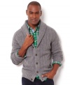 Classically styled. Wrap yourself in this wool shawl collar cardigan sweater by Nautica.