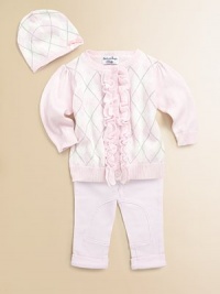This adorable set has a frilly, ruffled placket and classic argyle print in plush cotton with matching hat for sweet style.CrewneckLong sleevesButton-frontRibbed neckline, cuffs and hemCottonMachine washImported Please note: Number of buttons may vary depending on size ordered. 
