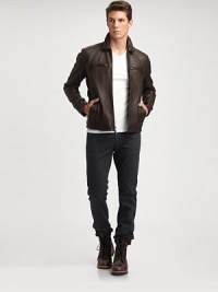 Subtle textures lends a sophisticated finish to this iconic biker style, with zipper detailing at the waist, cuffs and chest pockets.Two-way zip frontChest welt, side slash pocketsAbout 26 from shoulder to hemLeatherDry cleanImported of Italian fabric Subtle textures lends a sophisticated finish to this iconic biker style, with zipper detailing at the waist, cuffs and chest pockets.Two-way zip frontChest welt, side slash pocketsAbout 26 from shoulder to hemLeatherDry cleanImported of Italian fabric