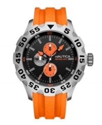 Ready, set, go with this high-intensity watch by Nautica. Orange resin strap and round stainless case. Ratchet bezel with black numerals. Black dial features charcoal stick indices, minute track, three multifunctional subdials, three hands, logo and orange accents. Quartz movement. Water resistant to 100 meters. Five-year limited warranty. Ready, set, go with this high-intensity watch by Nautica. Orange resin strap and round stainless case. Ratchet bezel with black numerals. Black dial features charcoal stick indices, minute track, three multifunctional subdials, three hands, logo and orange accents. Quartz movement. Water resistant to 100 meters. Five-year limited warranty.