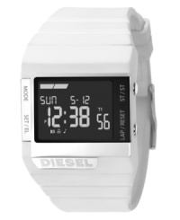 High-tech fashion by Diesel. This unisex watch features a white plastic strap and rectangular case, 45x38mm. Black negative display digital dial with time, day, date, seconds, alarm and lap timer. Quartz movement. Water resistant to 50 meters. Two-year limited warranty. High-tech fashion by Diesel. This unisex watch features a white plastic strap and rectangular case, 45x38mm. Black negative display digital dial with time, day, date, seconds, alarm and lap timer. Quartz movement. Water resistant to 50 meters. Two-year limited warranty.