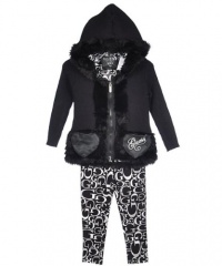GUESS Kids Girls Little Girl Hooded Sweater With Faux Fur, BLACK (3T)