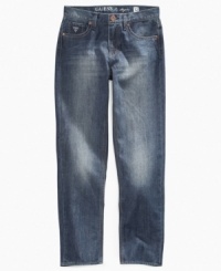 Get to the core of a style that rocks. A slim modern fit and classic wash on these jeans from Guess make them a must-have for his wardrobe. Get to the core of a style that rocks. A slim modern fit and classic wash on these jeans from Guess make them a must-have for his wardrobe.