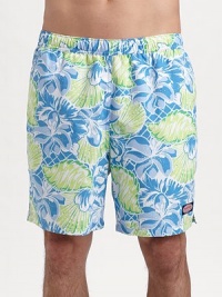 A bright mix of tropical flowers and seashells lends seagoing style to an easy-fitting swim favorite. Elastic waist with internal drawstring Side slash, back patch pockets Mesh lining Inseam, about 7 Polyester Machine wash Imported A bright mix of tropical flowers and seashells lends seagoing style to an easy-fitting swim favorite. Elastic waist with internal drawstring Side slash, back patch pockets Mesh lining Inseam, about 7 Polyester Machine wash Imported