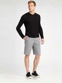 Crisp, cool style you'll want to wear all summer long, shaped in a distinctive, check-print in soft, breathable cotton, with a hint of stretch.Flat-front styleSide slash, back welt pocketsInseam, about 1099% cotton/1% elastaneMachine washImported Crisp, cool style you'll want to wear all summer long, shaped in a distinctive, check-print in soft, breathable cotton, with a hint of stretch.Flat-front styleSide slash, back welt pocketsInseam, about 1099% cotton/1% elastaneMachine washImported