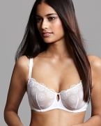 A demi cup underwire bra with a dramatic contrast of embroidery over light tulle. Style #115330
