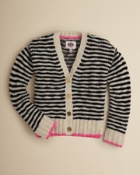 A loose knit cardigan is embellished with narrow stripes, wide ribbed trim and contrast accents for a wintry look that puts a fresh spin on a classic look. A loose knit cardigan is embellished with narrow stripes, wide ribbed trim and contrast accents for a wintry look that puts a fresh spin on a classic look.