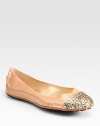 Patent leather flat has a goldtone designer nameplate at the heel and a glitter-coated leather toecap. Patent leather and glitter-coated leather upperLeather liningRubber solePadded insoleMade in ItalyOUR FIT MODEL RECOMMENDS ordering true size. 