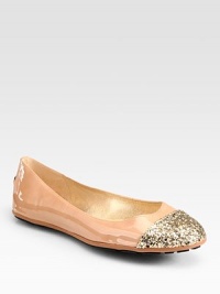 Patent leather flat has a goldtone designer nameplate at the heel and a glitter-coated leather toecap. Patent leather and glitter-coated leather upperLeather liningRubber solePadded insoleMade in ItalyOUR FIT MODEL RECOMMENDS ordering true size. Patent leather flat has a goldtone designer nameplate at the heel and a glitter-coated leather toecap. Patent leather and glitter-coated leather upperLeather liningRubber solePadded insoleMade in ItalyOUR FIT MODEL RECOMMENDS ordering true size.
