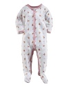 Adorable long-sleeved footed coverall in breathable cotton mesh, mercerized for a lustrous sheen.