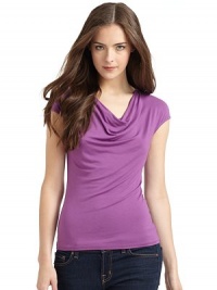 THE LOOKRound draped necklineCap sleevesTHE FITAbout 22 from shoulder to hemTHE MATERIAL95% viscose/5% spandexCARE & ORIGINMachine washImportedModel shown is 5'9½ (176cm) wearing US size Small. THE LOOKRound draped necklineCap sleevesTHE FITAbout 22 from shoulder to hemTHE MATERIAL95% viscose/5% spandexCARE & ORIGINMachine washImportedModel shown is 5'9½ (176cm) wearing US size Small.