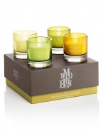 Let the scents of golden solstice, naran ji, nightingale song and night tempest piccolo candelas illuminate your world. Set includes: 4 candles. Burn time: About 8 hours per candle. Made in England.