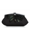 Fabulous feathers and a sparkling stone accent give this Jessica McClintock clutch an irresistible appeal. From a night out with the girls to a black tie affair, this stunning design will leave a lasting impression.